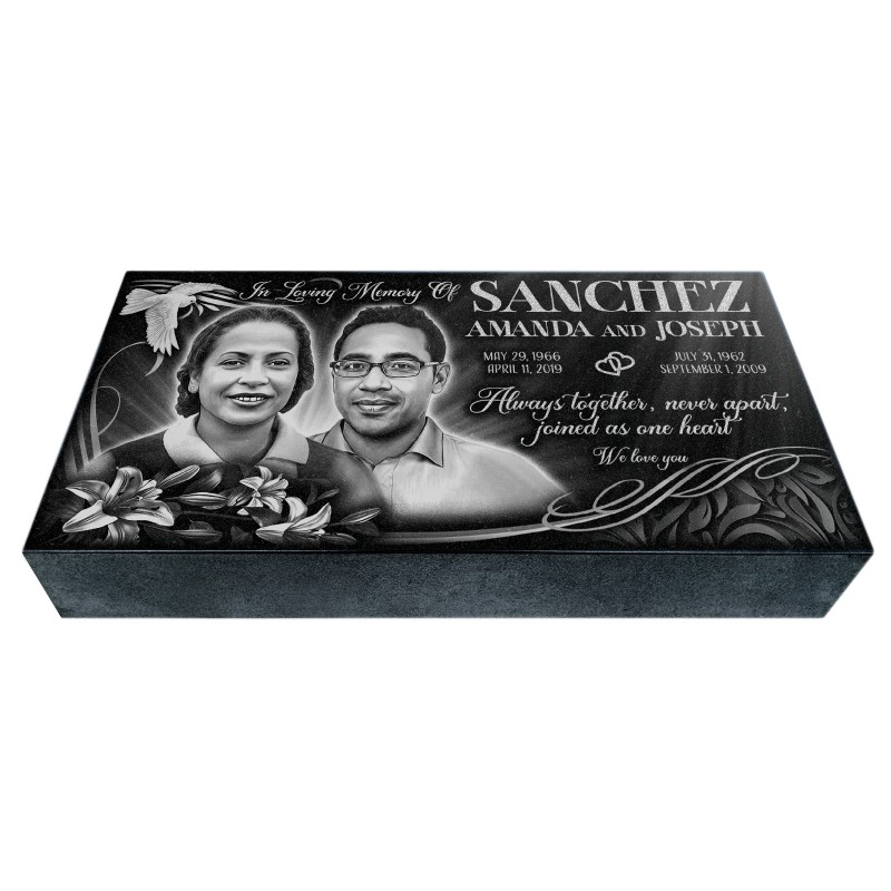 Custom diamond-engraved flat granite headstone marker - black polished granite