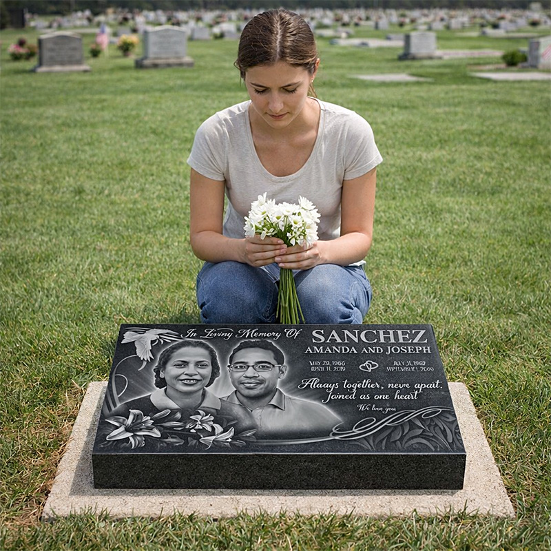 Flat granite grave marker with personalized engraving - black polished granite