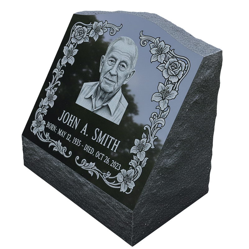 Custom slant granite headstone - black polished granite angled marker