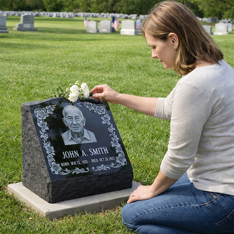 Slant headstone with personalized engraving - black granite memorial
