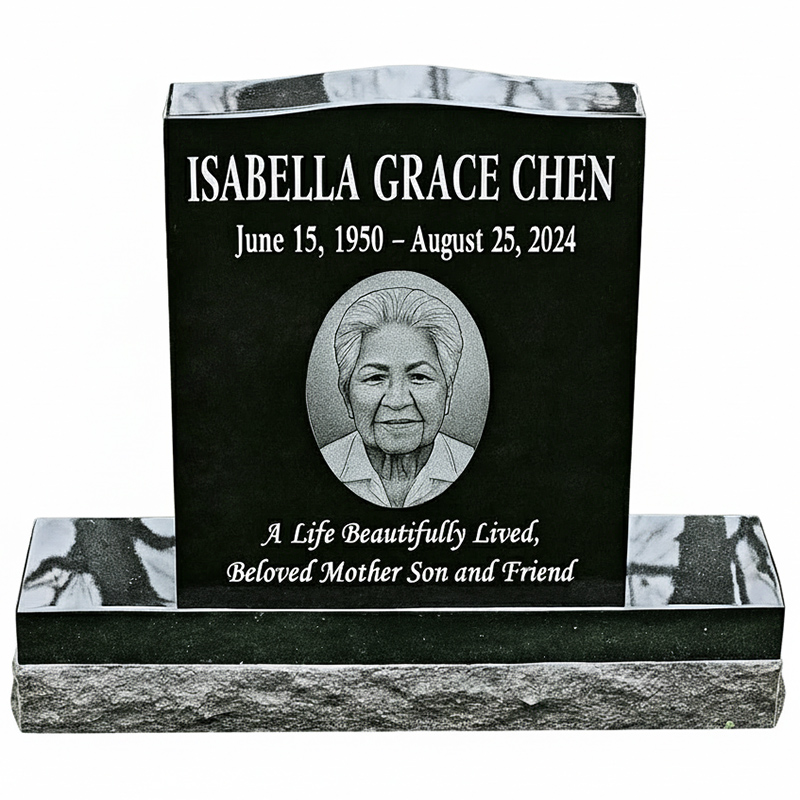 Custom upright granite headstone with base - black polished granite monument